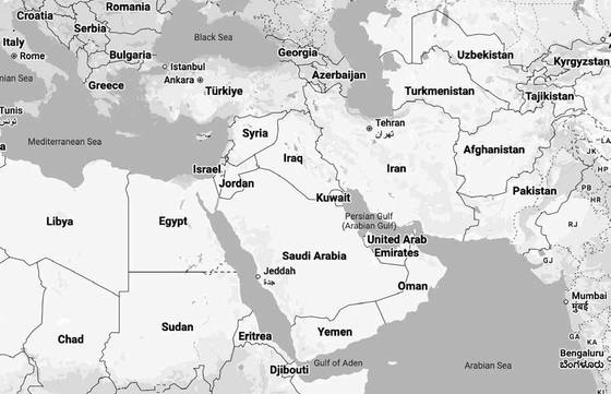 Map of the region, stretching from the Mediterranean Sea to the Arabian Sea.